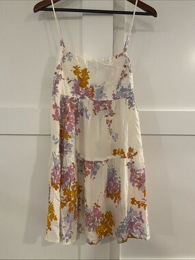 Floral Tiered Mini Dress - White with Pink, Lavender & Mustard